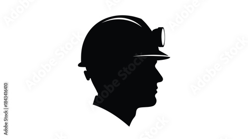 A silhouette of a miner s helmet and profile against a white background