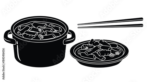 Black and white illustration of a pot plate and chopsticks with noodles