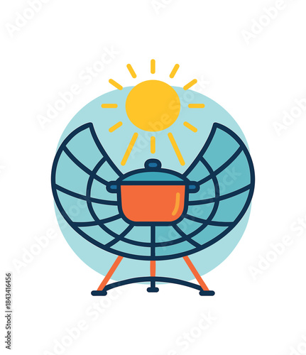 Flat vector illustration of colorful solar cooker with vivid pot and sun rays rounded shapes clean flat style