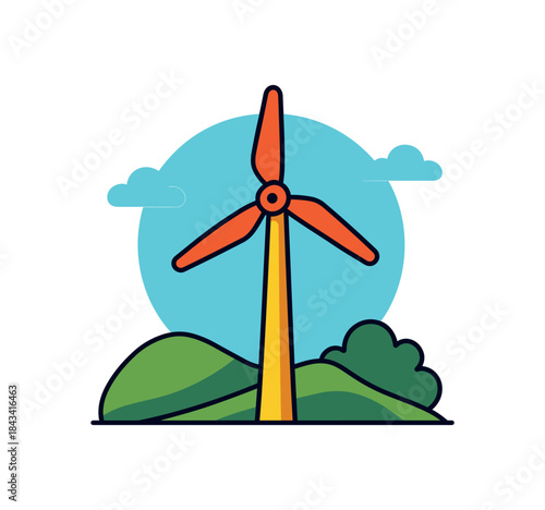 Flat vector illustration of bright onshore wind turbine with bold blades and vivid tower rounded shapes clean outline