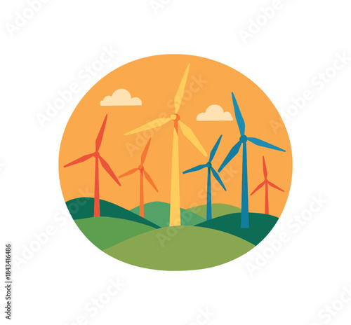 Flat vector illustration of colorful wind farm on hills with multiple vivid turbines rounded landscape minimal details