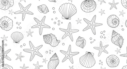 A detailed black and white seamless pattern of hand-drawn starfish and various seashells, perfect for a nautical-themed background.