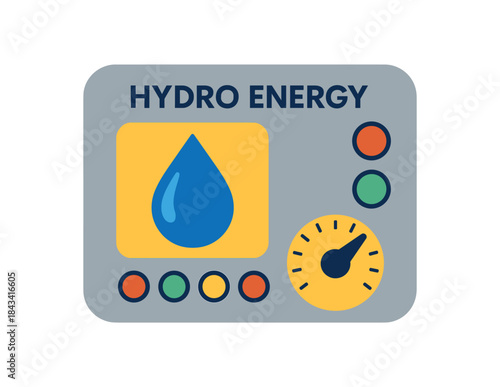 Flat vector illustration of colorful hydro energy control panel with vivid buttons and water drop icon rounded corners