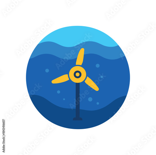 Flat vector illustration of bright underwater hydro turbine bold blue waves rounded shapes minimalistic design
