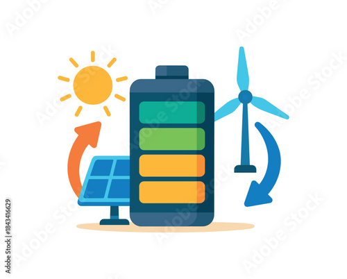 Flat vector illustration of colorful battery storing solar and wind power with vivid arrows rounded shapes clean flat style