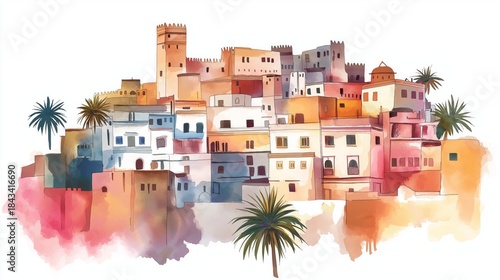 Casbah of Algiers. Casbah of Algiers hand drawn watercolor illustration on white background