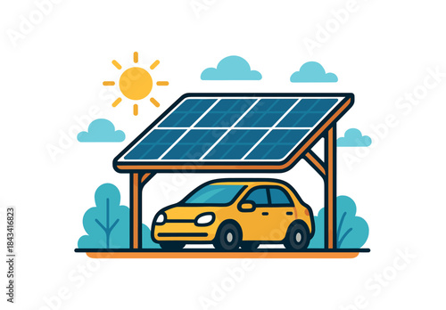 Flat vector illustration of bright solarpowered carport with bold panels rounded shapes clean outline