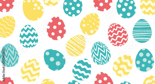 A festive and colorful seamless pattern background with decorated Easter eggs in yellow, red, and teal on a white background.