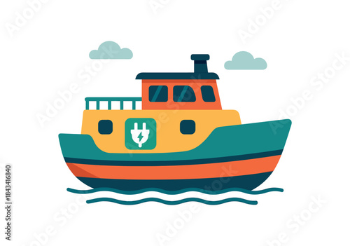 Flat vector illustration of colorful city ferry with vivid electric charging port rounded hull minimal details