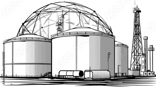 Monochrome vector illustration of a large industrial complex with multiple storage tanks, a spherical geodesic dome, and tall refinery towers.