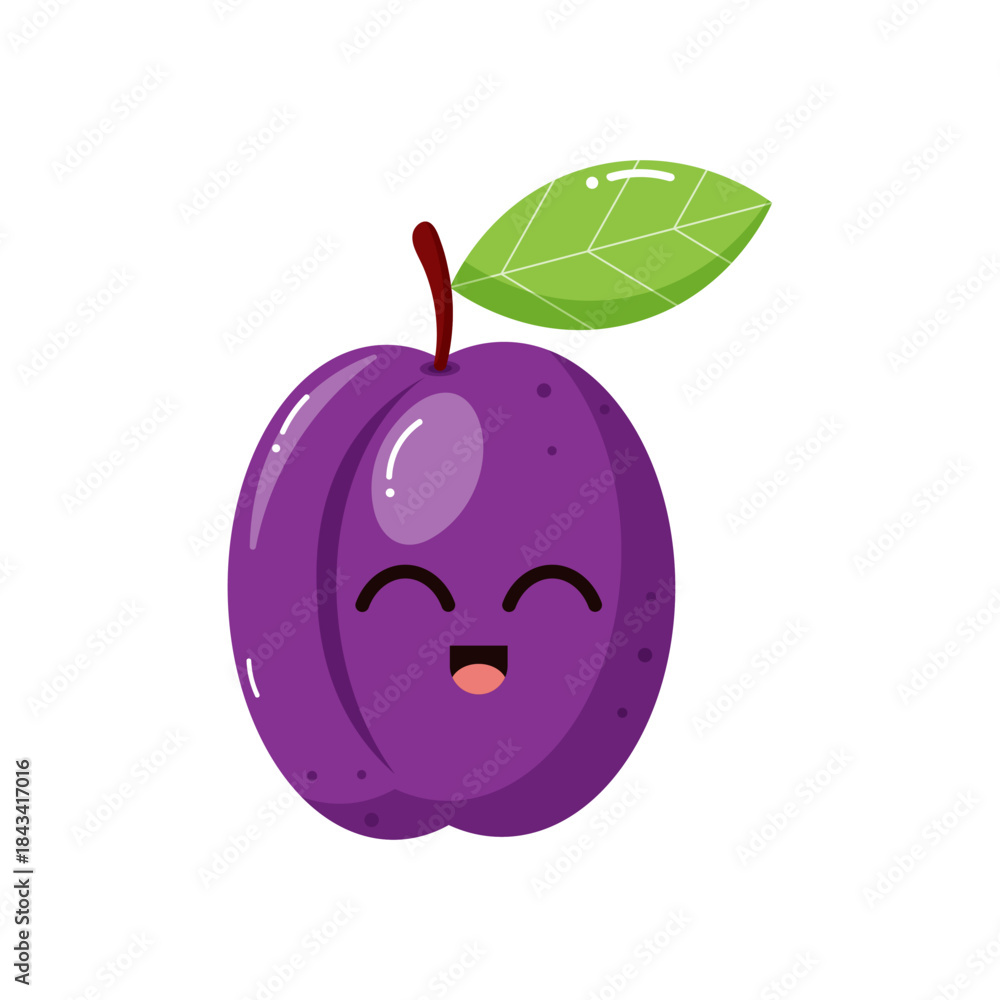 Obraz premium Cute plum isolated on white background. Garden fruit. Groovy style. Childish characters.Design elements for kids materials,books, healthy food, posters, and farm posters. Vector illustration.