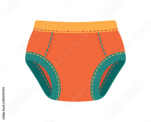Flat vector illustration of bright washable training pants for toddlers with bold stitching rounded silhouette