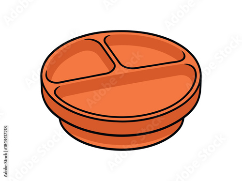 Flat vector illustration of bright silicone divided kids plate with bold suction base rounded edges clean outline