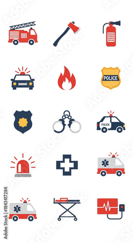 Emergency Services Icons - Fire Truck, Police Car, Ambulance, and More.