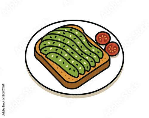 Flat vector illustration of colorful avocado toast on plate with bold sesame sprinkles and cherry tomatoes rounded shapes clean outline clean white background