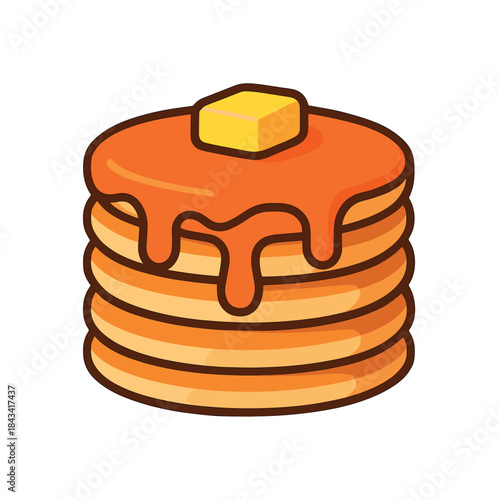 Flat vector illustration of bright pancake stack with vivid syrup drip and butter pat rounded shapes clean outline clean white background