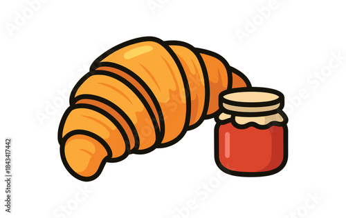 Flat vector illustration of colorful croissant with bold flaky layers next to small jam jar rounded shapes clean outline clean white background