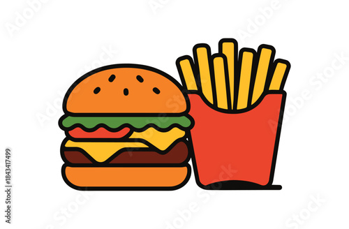 Flat vector illustration of bright with vivid layers and side of fries bold carton rounded shapes clean outline clean white background