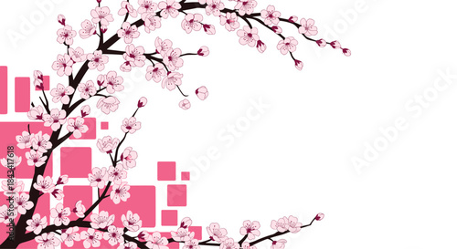 A beautiful illustration of a blooming cherry blossom branch with pink flowers against a white background with modern pink squares.