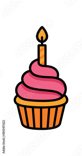 Flat vector illustration of colorful cupcake with bold frosting swirl and single candle rounded shapes clean outline clean white background