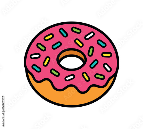 Flat vector illustration of bright donut with vivid glaze and sprinkles rounded shapes clean outline clean white background