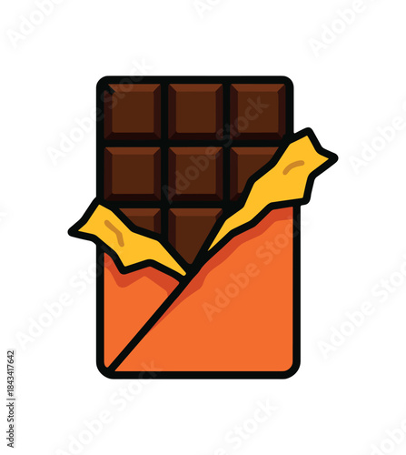Flat vector illustration of bright chocolate bar partially unwrapped with vivid foil rounded shapes clean outline clean white background