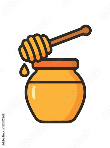 Flat vector illustration of colorful honey jar with bold wooden dipper and tiny drip rounded shapes clean outline clean white background