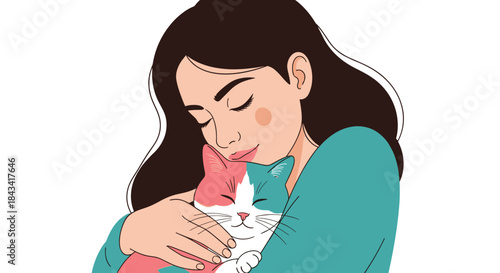 A lovely illustration of a young woman gently hugging her cute, colorful cat, showing love and companionship with a pet.