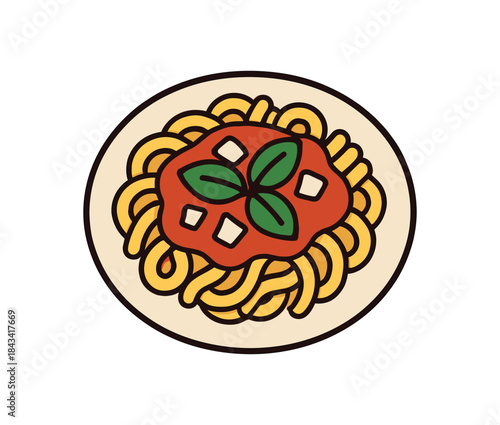 Flat vector illustration of colorful pasta plate with bold tomato sauce basil leaves and parmesan flakes rounded shapes clean outline clean white background
