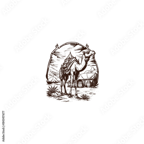Vintage camel in the desert with saddle and tents in hand-drawn woodcut engraving style isolated on white background
