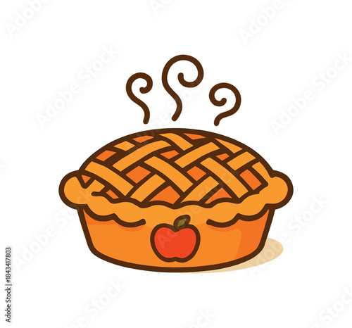 Flat vector illustration of bright autumn pie with vivid lattice crust and steam curls rounded shapes clean outline clean white background