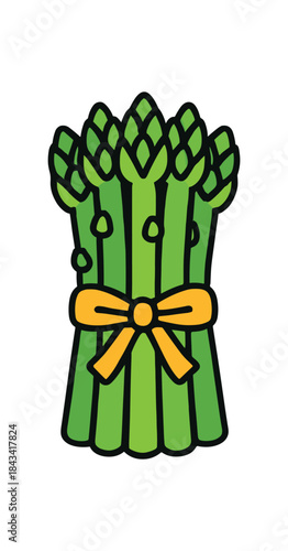 Flat vector illustration of bright spring asparagus bundle with vivid ribbon tie rounded shapes clean outline clean white background
