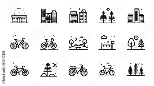 Urban living, nature, and cycling line icon set. Featuring city buildings, parks, trees, and bicycles for modern design.