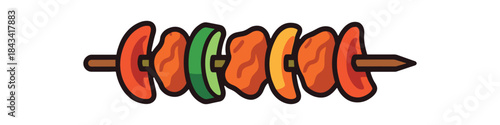 Flat vector illustration of bright streetfood kebab skewer with vivid grilled pieces and veggies rounded shapes clean outline clean white background