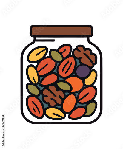 Flat vector illustration of colorful healthy snack jar with bold nuts and dried fruits mix rounded shapes clean outline clean white background