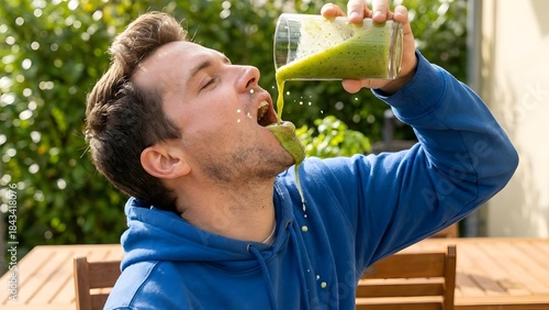Young Man Drinking Green Juice Outdoors in Garden.