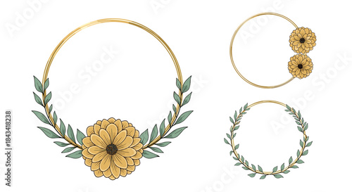 A beautiful set of three elegant golden circular frames decorated with hand-drawn yellow flowers and green leaves for invitations.