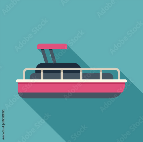 Pontoon boat graphic with a long shadow effect, illustrating water transport and leisure activity