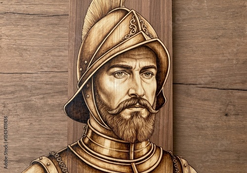 Pyrography art of medieval spanish conquistador warrior portrait in armor helmet on wood board