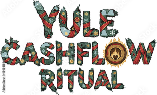 Yule Cashflow Ritual Festive Text with Campfire and Holly
