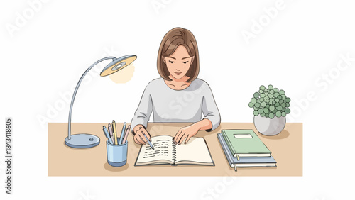 Woman sitting at a desk, writing in a notebook with a pencil, surrounded by books, a lamp, and a plant on a wooden table against a plain background.