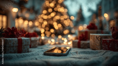 Santa hand holding mobile phone with empty screen in christmas day,holiday shopping online,light background,smartphone,banner sale gifts,Blank white screen,Mockup.