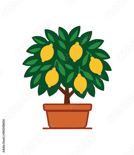 Flat vector illustration of colorful balcony citrus tree tub with vivid lemons and glossy leaves rounded shapes clean outline clean white background