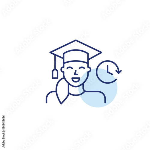 Woman wearing graduation hat and clock. University learning, higher education degrees. Pixel perfect, editable stroke vector icon