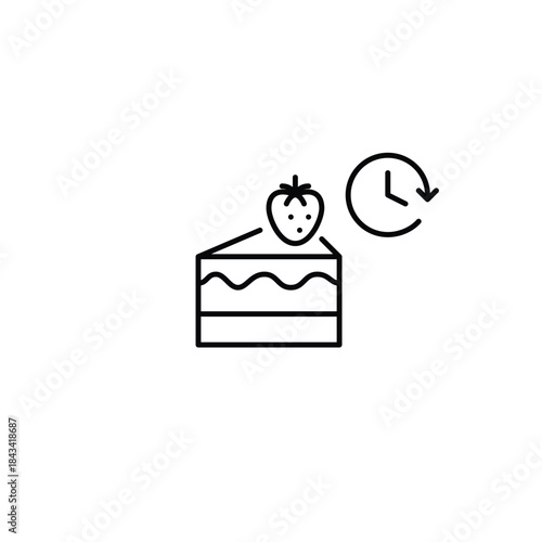 Strawberry cheesecake and clock. Fast food scheduled delivery and meal pick-up on time. Pixel perfect, editable stroke vector icon