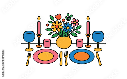 Flat vector illustration of colorful wedding guest table setting with vivid plates flowers and candles rounded shapes clean outline clean white background