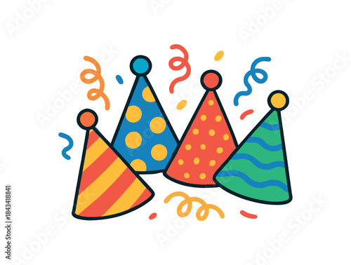 Flat vector illustration of bright birthday party hats and streamers with vivid patterns rounded shapes clean outline clean white background