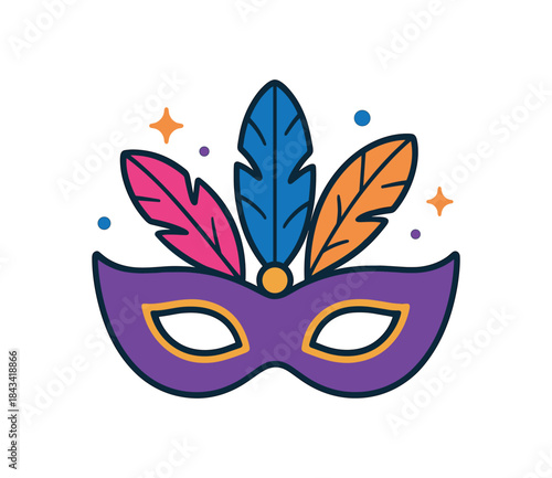 Flat vector illustration of colorful masquerade party mask with vivid feathers and sparkles rounded shapes clean outline clean white background