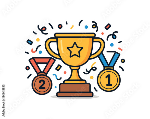 Flat vector illustration of bright sports victory celebration with vivid trophy medals and confetti rounded shapes clean outline clean white background