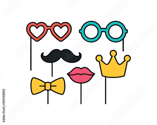 Flat vector illustration of colorful party photo booth props set (glasses moustache crown icons) on sticks rounded shapes clean outline clean white background
